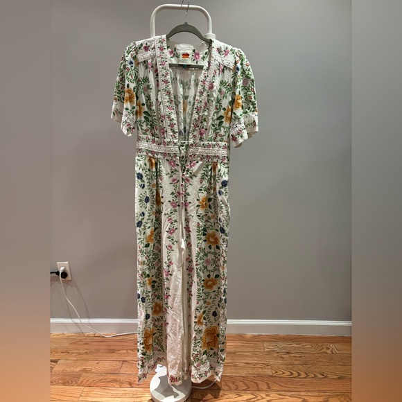 Farm Rio Anthropologie Folk Floral Linen Blend Short Sleeve Jumpsuit Medium - Picture 7 of 8